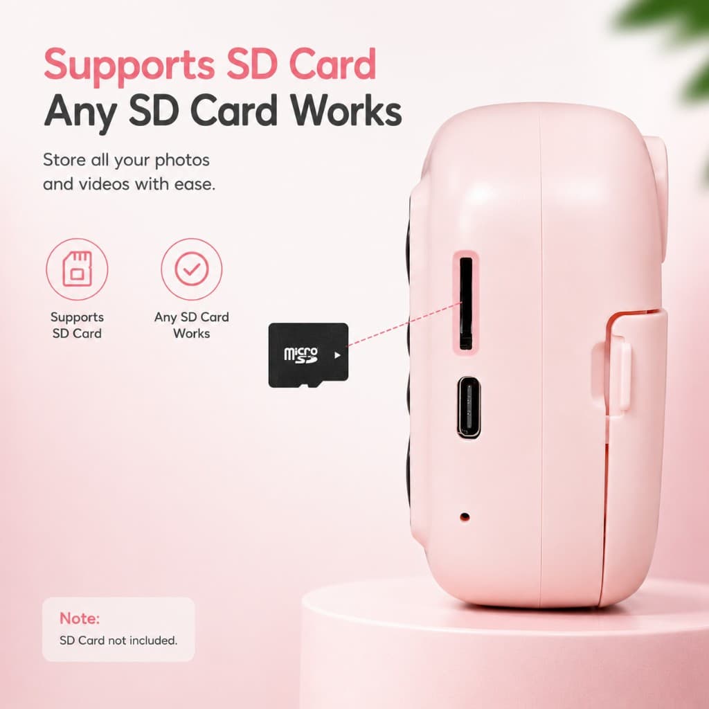Supports SD card: store photos and videos. Any SD card works. SD card not included.