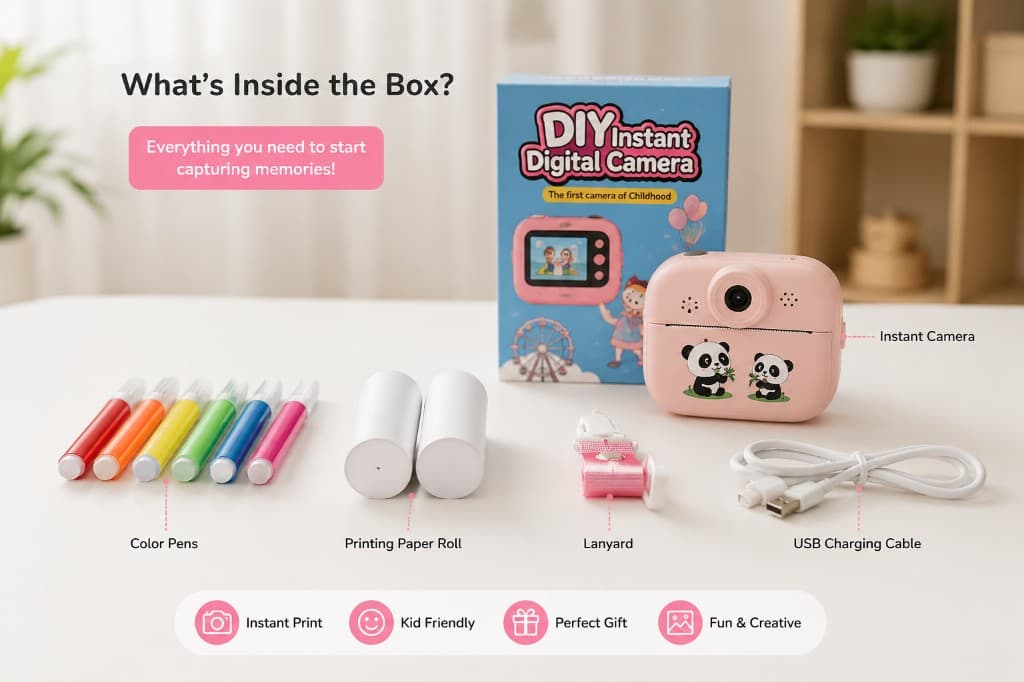 What’s inside the box: DIY instant digital camera, color pens, printing paper rolls, lanyard, USB cable